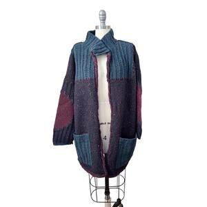 VTG Colorblock Knit Cardigan Wool Blend Open Front Pockets Boho Oversized L/XL
